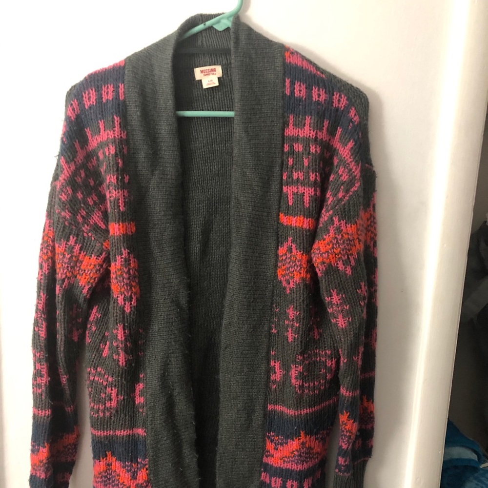 Gray cardigan with pink and orange Aztec design